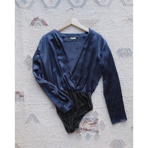 Reformation Navy Deep V Silk Bodysuit — Size Small